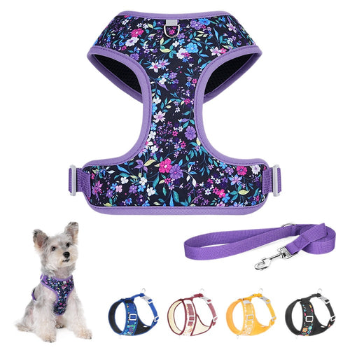 Floral dog harness and matching leash set in five blossom patterns