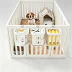 White hanging pet storage basket for playpens and dog crates