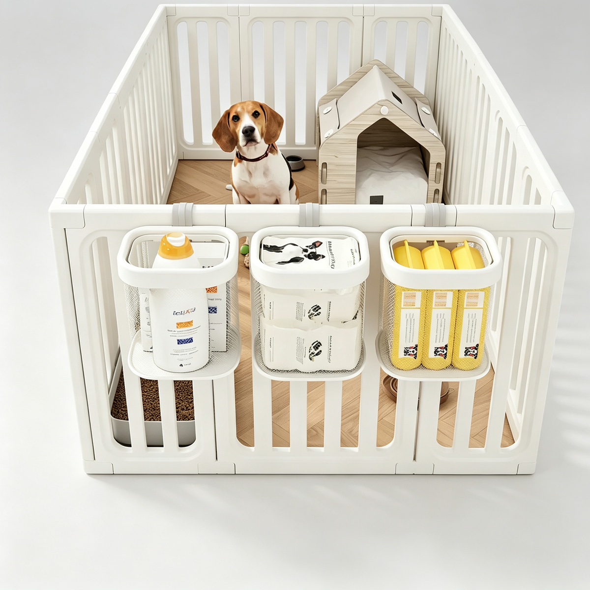 White hanging pet storage basket for playpens and dog crates