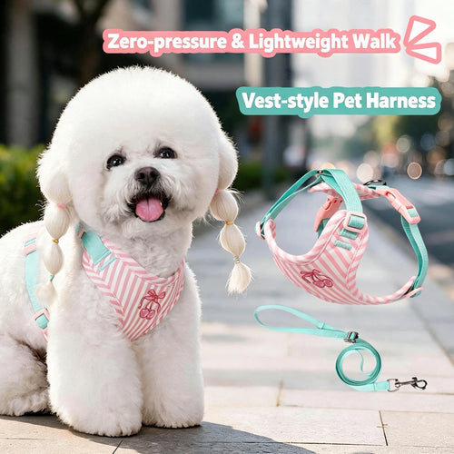 Cherry Embroidery Pet Harness with Leash & Toy Set