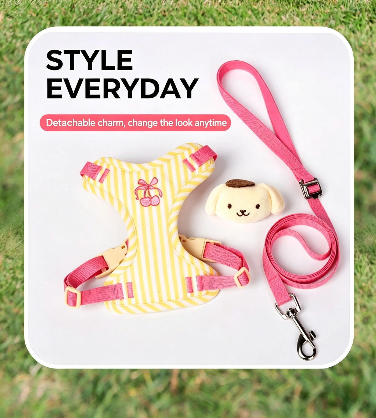 Cherry Embroidery Pet Harness with Leash & Toy Set